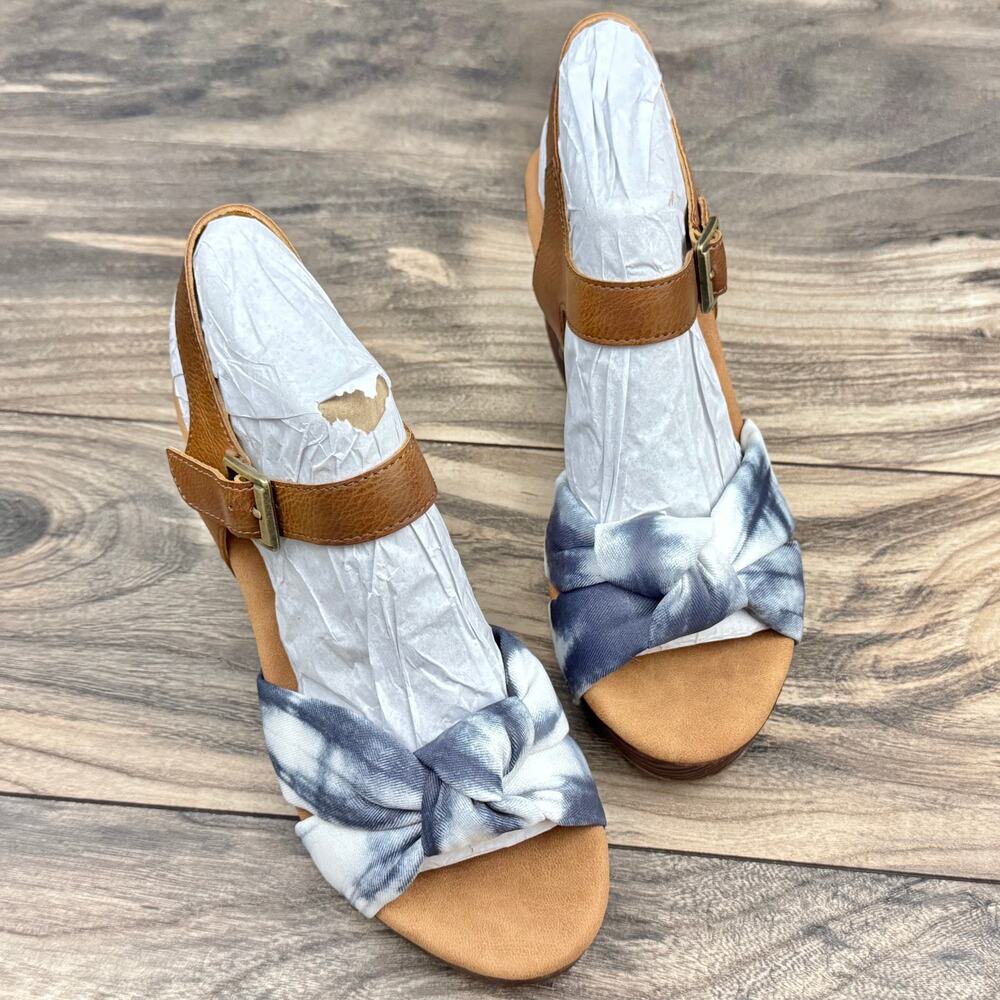 NEW Korks Kork Ease Natalia 7M Knot Clog Sandal Tan Blue Denim PU Tie Dye Combo - Picture 2 of 11